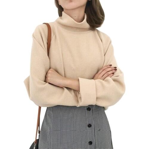 AECU Women Sweater Casual Loose Turtleneck Knitted Jumpers For Women Long Batwing Sleeve Crocheted Pullovers Streetwear Winter