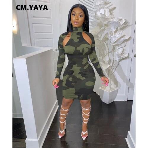 CM.YAYA Full Sleeve Hollow Out Camouflage Knee-length Dress for Women Sheath Elastic Turtleneck Sexy Club Bar Party Dresses Fall