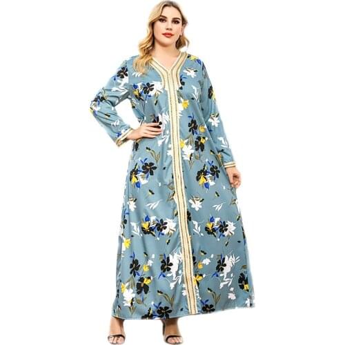 2021 Blue V Neck Plus Size Maxi Dress Long Sleeve Women Elegant Spring New Arrival Female Floral Robe Muslim World Apparel Store