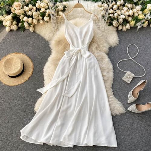 2021 New Fashion Temperament Vacation Vestidos Womens V-neck Sexy Backless Lace-up Waist Slimming Midi Dress C723