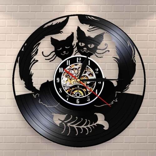 2 Pussy Cats Lover Kitty Vinyl Record Art Clock Cats in Love Wall Clock Animals in Love Cats and Fishbone Decorative Wall Clock