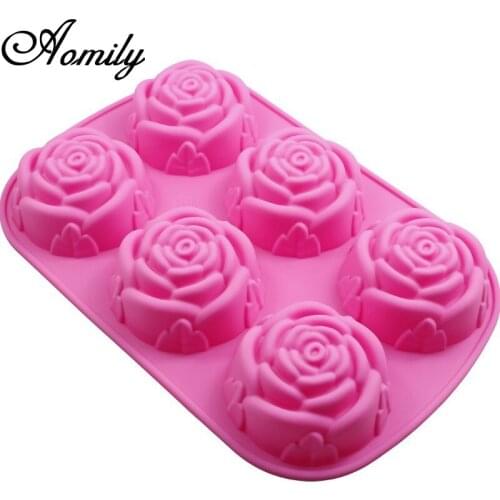 Aomily DIY 6 Holes Rose Flower Pudding Muffin Cup Ice Cream Silicone Mold Cake Design Nonstick Bakeware Family Baking Cake Mould