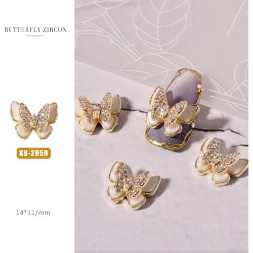 2Pc Delicate Pendant Chain 3D Alloy Butterfly Nail Art Zircon Pearl Metal Manicure Nails DIY Accessories Nail Charms Decoration
