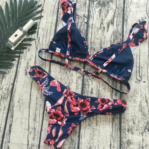 Floral Push-up Bikini Set for Womens Padded Bra Ruffles Bandage Triangle Swimsuit Swimwear Bathing Suit Beachwear Bikini