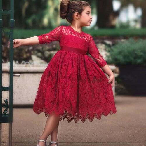 Flower Girls Dresses Lace Baby Girls Half Sleeve Fall Autumn Dress Toddlers Kids Mid-length Belt Bow Ball Gown Red Christmas 3t