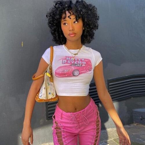 Y2K Summer Skinny Women Graphic Harajuku T Shirts Navel Graphic Print goth O-Neck Stretchy Short Sleeve Crop Top Streetwear Tees