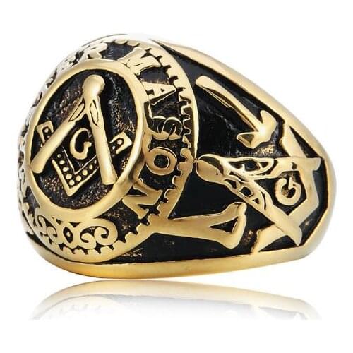 Classic Golden Blalck Masonic Freemason Ring Titanium 316L Rings Free Mason Mens Fashion Jewelry Accessory Wholesale 10pcs/lot