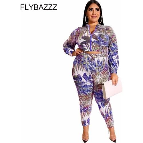 Two Piece Set Vintage Print Zip Sexy Top Long Pants Running Set Long Sleeve Bodycon Sport Suit Casual Femme Tracksuit Large Size