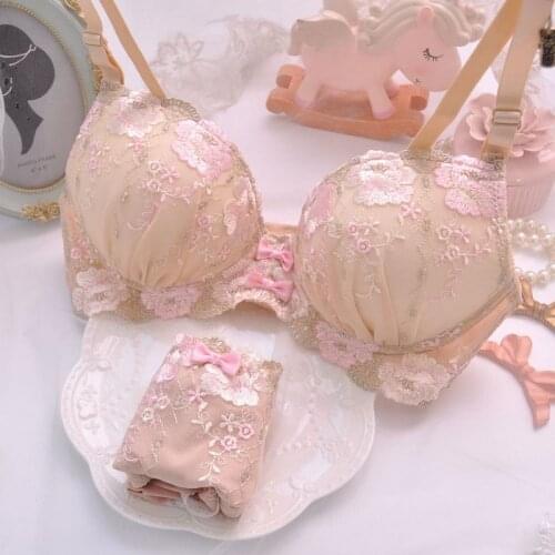 Japanese Skin color Without steel ring Gathered Underwear Suit Lace Flower Embroidery Cute Girls Sweet Bowknot Bra & Panties Set