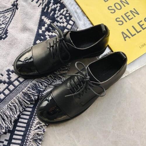 Microfiber leather shoes cross-tied patchwork black flats round toe retro british oxfords famous designer OL footwear autumn2019