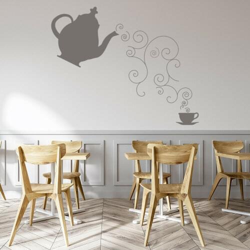 Cup of Swirl Wall Sticker Teapot Drink Tea Interior Decor For Kitchen Restaurant Dining Room Vinyl Door Window Decals Mural Q070