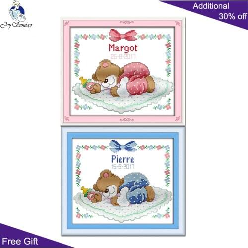 Joy Sunday Baby Bear C727C728 14CT 11CT Counted and Stamped Home Decor Sleeping Baby Bear Pink Blue Needlework Cross Stitch kits