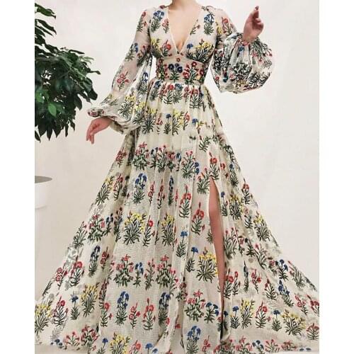 Elegant Embroidery Prom Dresses 2020 Long Sleeve V Neck Evening Dress Split Formal Party Gowns vestidos formales formelle robes