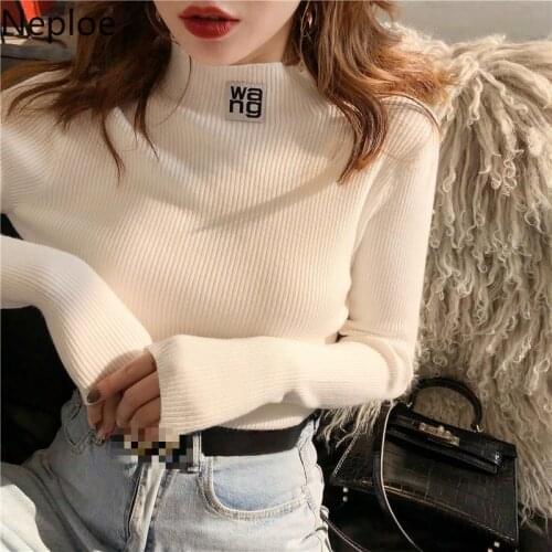 Neploe Half Turtleneck Pullovers Solid Appliques 2021 Spring All Match Long Sleeve Women Sweaters Slim Pull Femme Fashion 1A1105