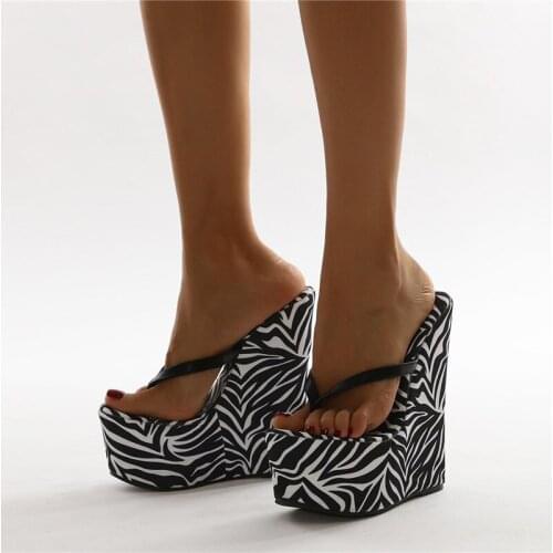PXELENA Sexy Plus Size 35-41 Women Beach Flip Flops Zebra Stripe Wedge Super High Heel 15CM Summer Slippers 2021 Platform Slides