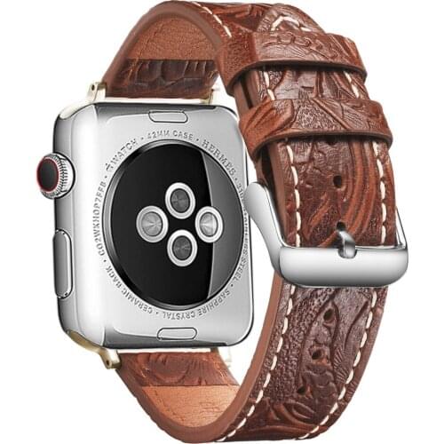 Genuine Leather Apple Watch Strap Carved Embossed iWatch Band Series 4 5 3 2 1 Belt Stainless Steel Buckle 38mm 42mm 40mm 44mm