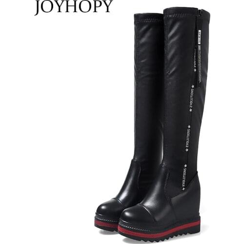 Side Zipper Knights Boot Women Height Increasing Platform Winter Shoes Woman Stretch Febric Wedges Knee High Snow Boots WB067