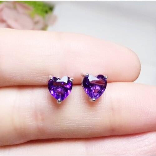 Per jewelry Natural real amethyst or garnet love heart stud earring 0.5ct*2pcs gemstone 925 sterling silver Fine jewelry T203272