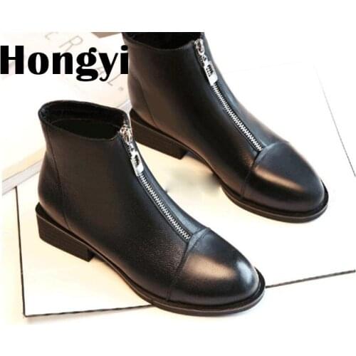 Discount Black PU leather Winter Boots Women Thick Heeled Front Zipper Slip On Martin Boots Ladies Shoes Bota Feminina