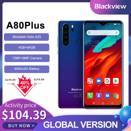 Global Version Blackview A80 Plus Mobile Phone Octa Core 4GB 64GB ROM 13MP Quad Rear Camera 6.49 Inch Smartphone 4G Cellphone