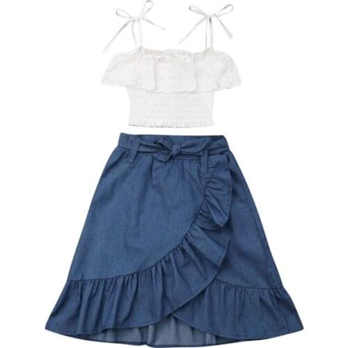 Pudcoco US Stock Fashion Kid Baby Girl Clothes Dress Set Lace Sling Top+Simple Imitation Denim Skirt Summer Outfits 2pcs