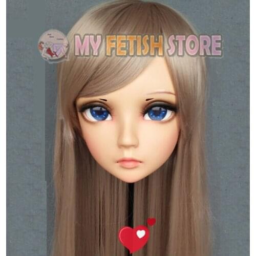 Xi)Female Sweet Girl Resin Half Head Kigurumi BJD Eyes Crossdress Cosplay Japanese Anime Role Lolita Mask With Eyes And Wig