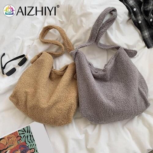 Lagy GirlHandbag Shoulder Bag Casual Plush Top-handle Bag Autumn Women Solid Color Large Capacity Shopping Travel Shoulder Totes