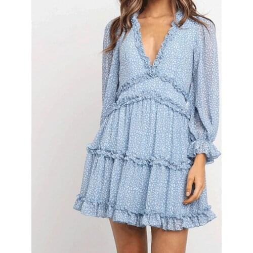 Women Floral Print Deep V-neck Ruffle Backless Long Sleeve Mini Dress Sundress Elegant Dresses Summer Backless Beach Vestidos