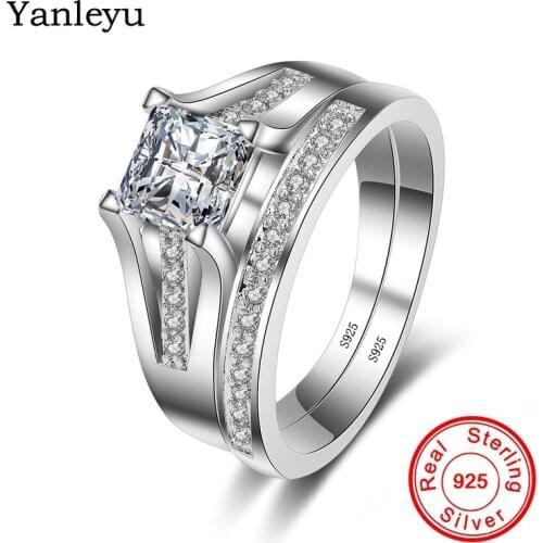 Yanleyu 2pcs Couple Rings Set Pure 925 Sterling Silver Wedding Bands Jewelry AAA+ Cubic Zircon Engagement Rings for Women PR149