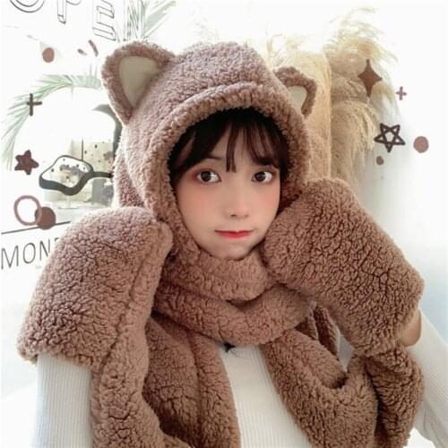 Korean Women Fluffy Plush Warm 3 In 1 Hooded Scarf Hat Gloves Set Cute Cartoon Cat Ears One-Piece Winter Windproof Earflap