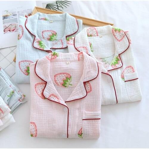 Women Crepe Cotton Pajama Set Long Sleeve Trousers Pajamas Two Piece Green Leaf Strawberry Sleepwear Plus Size Lounge Home Wear