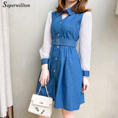 Autumn A Line Female Denim Dress Blue joint puff sleeve jean Dress with belt chic Fashion single-breasted Denim Dress for Women