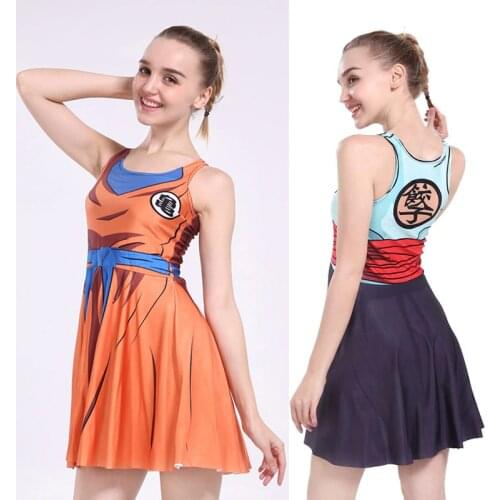 2021 Sexy Girl Summer Dress Ball Cosplay Son Goku Vegeta Reversible Sleeveless Skater Women Pleated One-Piece Dress Plus size