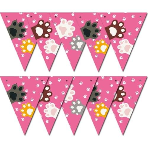 12pcs Cute Cat Pet Footprint Paw Theme Happy Birthday Banner Bunting Pennant 1set 2.5m Kids Girl Boy Children Party Decoration