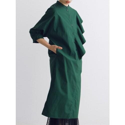 2021 dark green cotton Ruffle shirt Dressnew super loose dress long shirt women 0816-4
