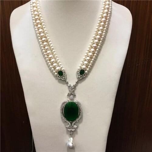 3rows freshwater pearl white near round necklace +green pendant 19inch wholesale beads FPPJ