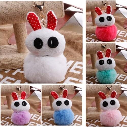 8pcs/Lot Fluffy Faux Rabbit Fur Pompon Bunny KeychainTrinket Kids Toy Pompom Rabbit Key Ring Car Key Chain Jewelry New Year Gift