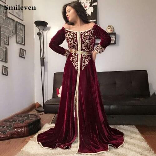 Smileven Velvet Long Sleeve Morocco Caftan Evening Dresses Off Shoulder Outfit Dubai Prom Dress Sexy Formal Evening Party Dress