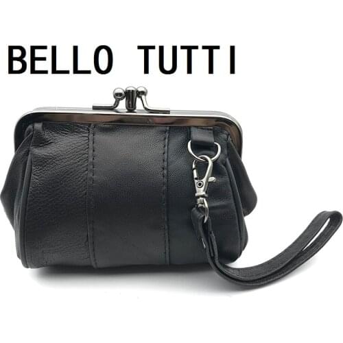 BELLO TUTTI Women Clutch Bags Short Wallets Genuine Leather Handbag Female Sheepskin Coin Change Purse Metal Frame Key Card Case