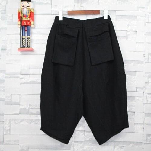 Summer mens solid color elastic waist cotton linen fashion quality pocket casual pants fashion seven straight leg pants