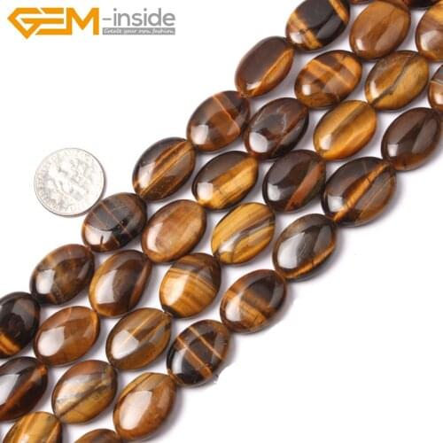 Gem-inside Selectable Size 15inch Natural Flat Oval Tiger Eye Beads For Jewelry Making Bracelet Necklace Earring DIY Beads