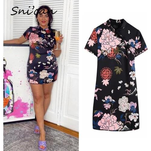 Black Floral Cheongsam Short Sleeve Mandarin Collar Chinese Style Split Mini Dresses Za 2021 Women Summer Sexy Sukienka Letnia