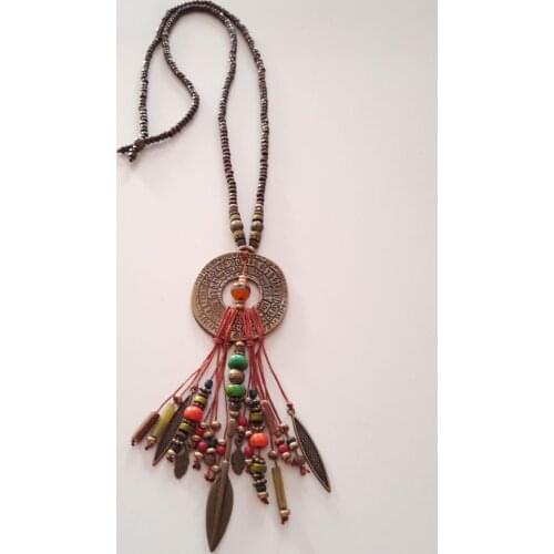 Goodtime Long Ethnic Necklace Wood & Glass & Indian Beads Womens Handmade Jewelry