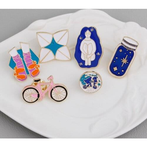 Cartoon enamel brooch bike long hair beauty wishing bottle sock round badge alloy brooch fashion denim shirt collar pin jewelry