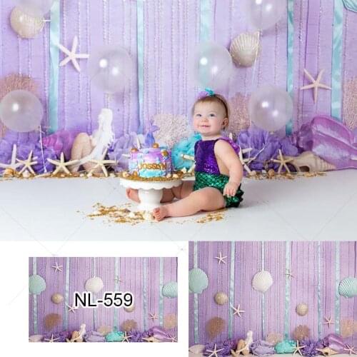 Purple Mermaid Birthday Shell Flowers Curtain Photography Backdrop Baby Cake Smash Decoration Girl Backgrounds for Photo Studio