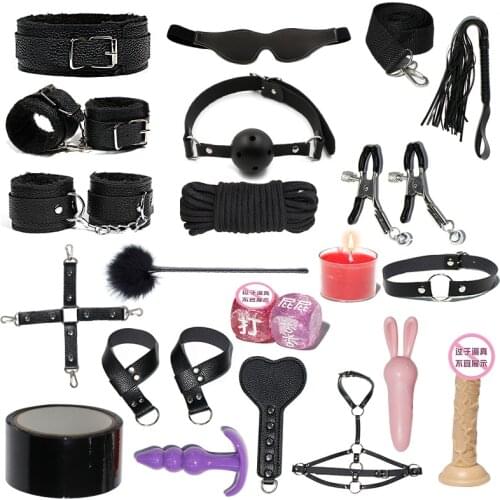 PU Leather BDSM Bondage Restraint Kits Sex Toys For Women Couples Handcuffs Whip Anal Plug Punishment SM Sex-toys Set Adult Game
