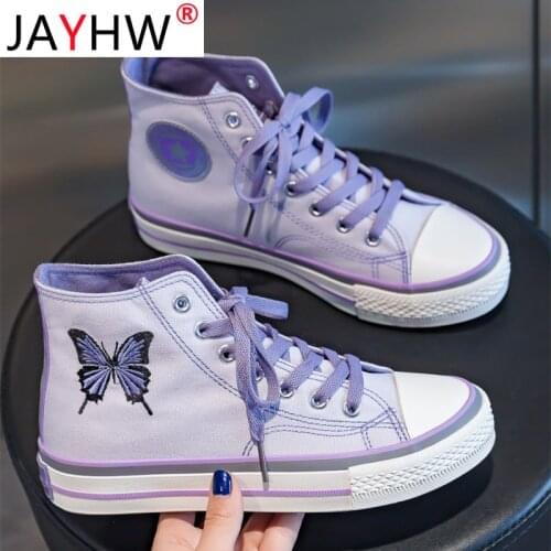 JAYHW Purple Butterfly Embroidery Women Canvas Sneakers Patchwork Canvas Shoes Girls Reflective Black Running Platform Shoes