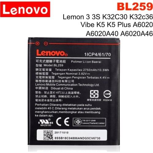 Lenovo Original BL259 2750mAh For Lenovo Lemon 3 3S K32C30 K32c36 Vibe K5 / K5 Plus A6020a40 A6020 a40 A 6020a40 Backup Battery