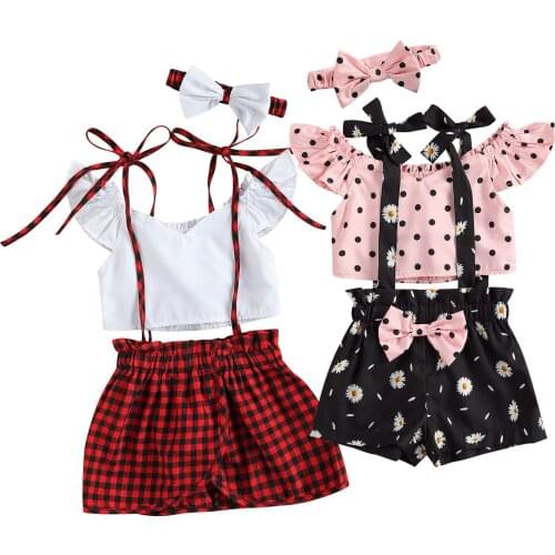 Citgeett Summer Kids Baby Girls Skirt Three-Piece Suit Fashion Fly SleeveT-shirt and Suspender Shorts/Skirt Headband Set