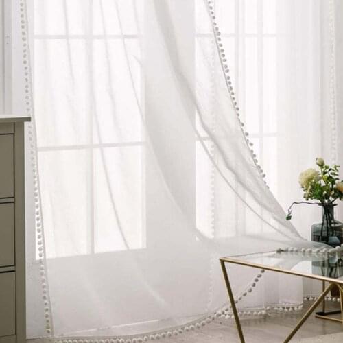 Linen Textured Window Sheer Curtain with Pom Pom for Bedroom Living Room Semi Transparent Voile Panel for Light Filtering TJ3989